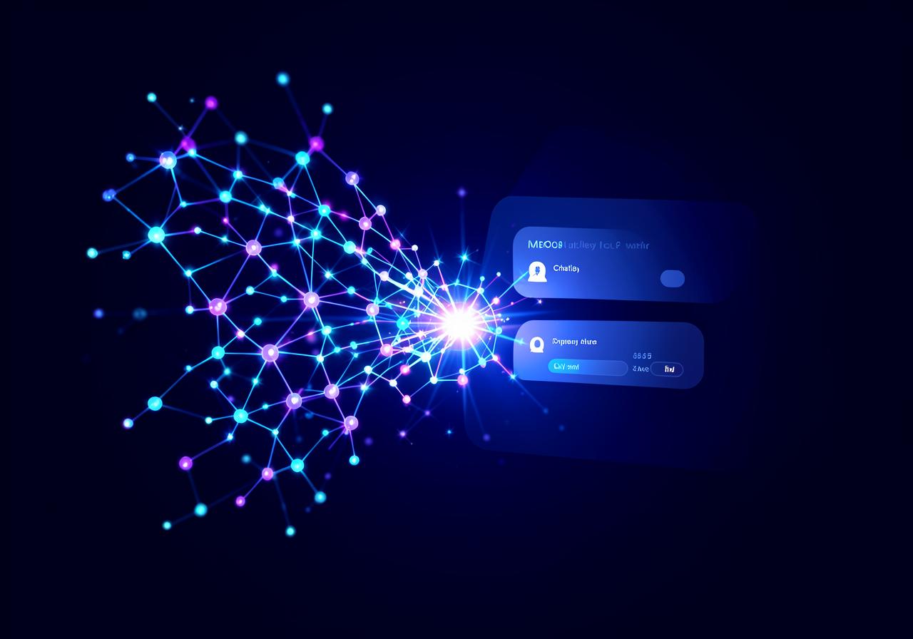 Abstract neural network connecting to an AI answer card