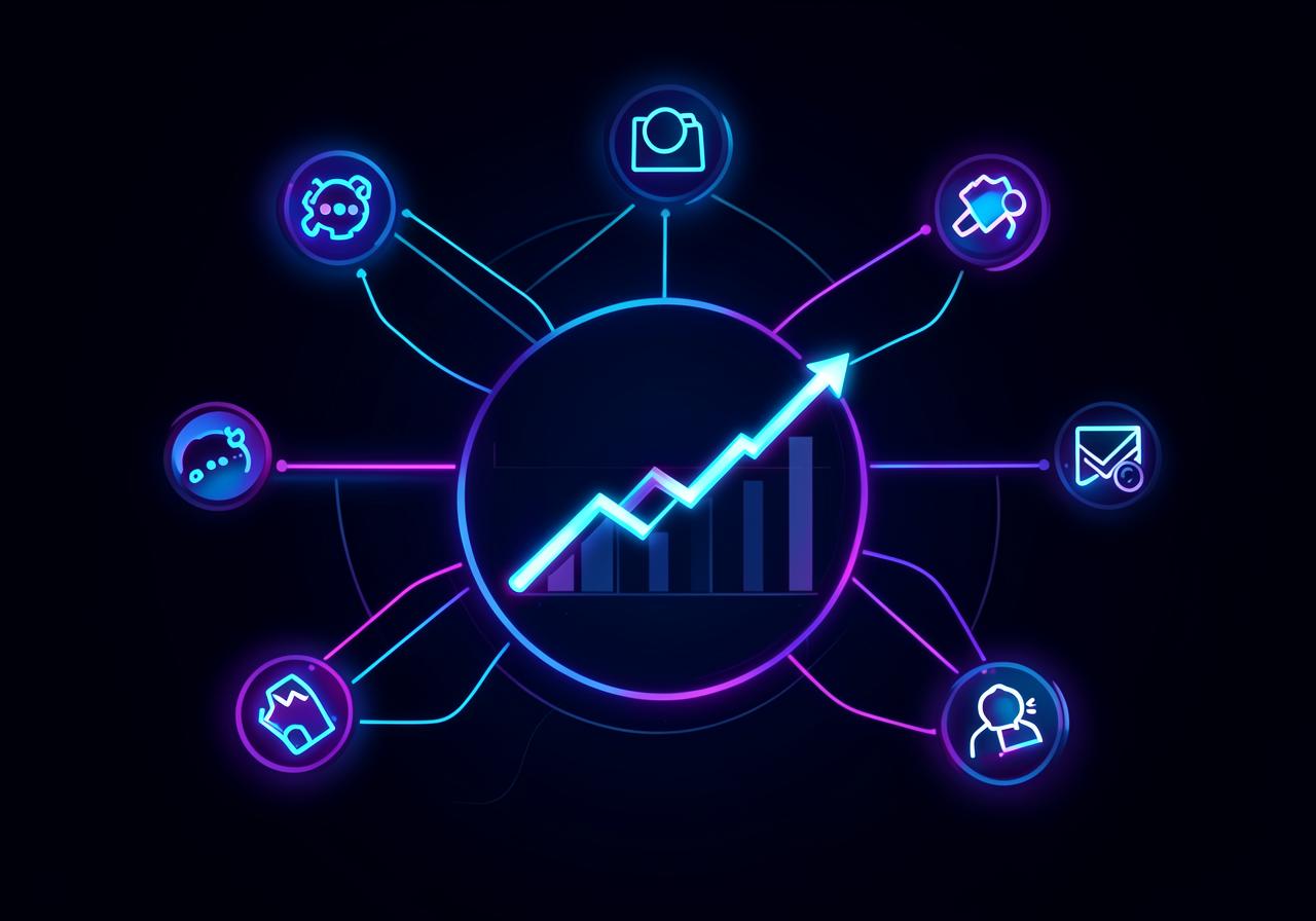 Connected digital marketing channels around a growth chart