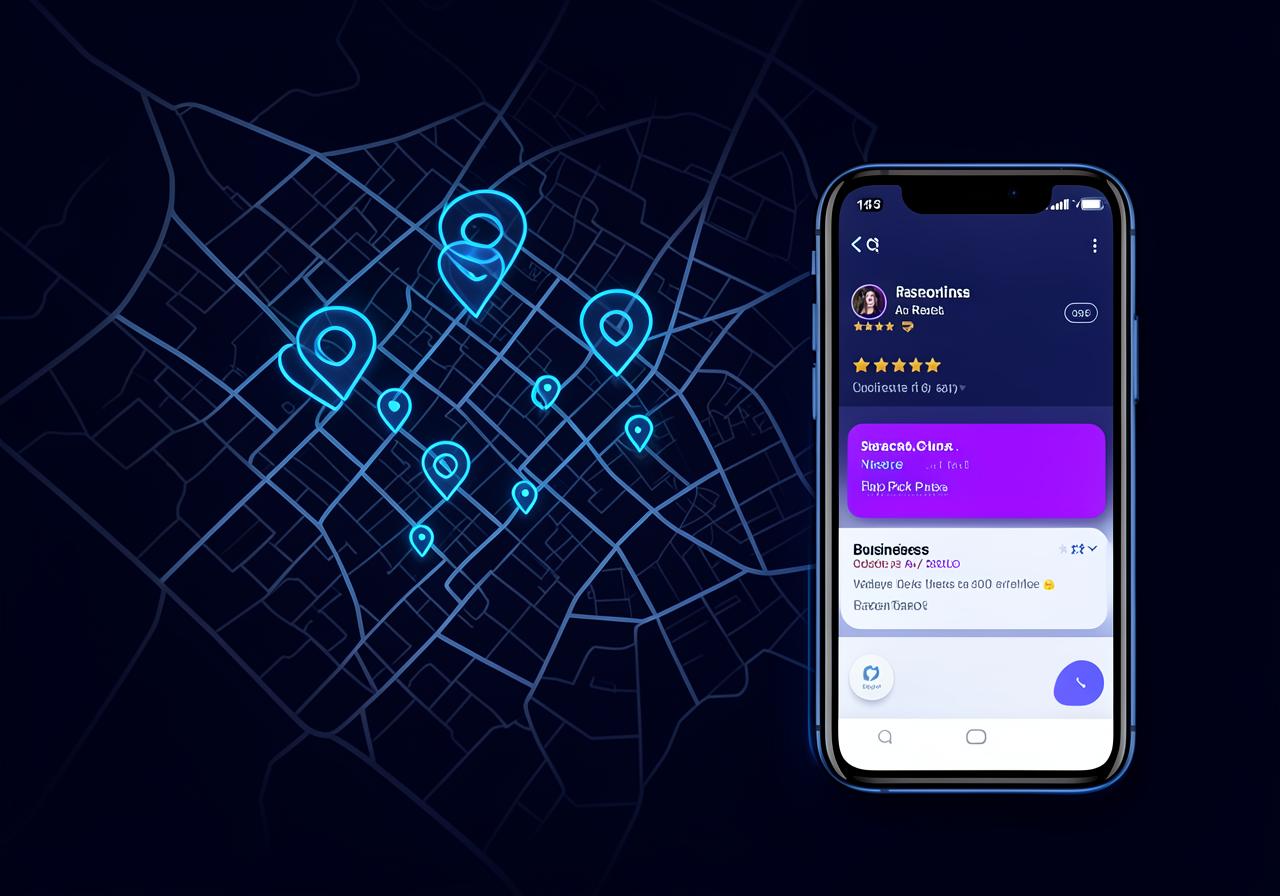 Local map with business pins and a mobile map pack listing
