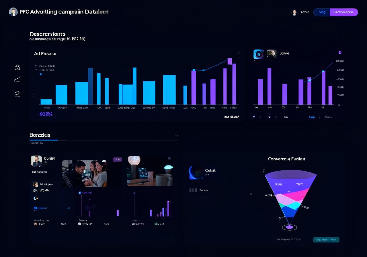 PPC campaign dashboard with conversion funnel and ad previews