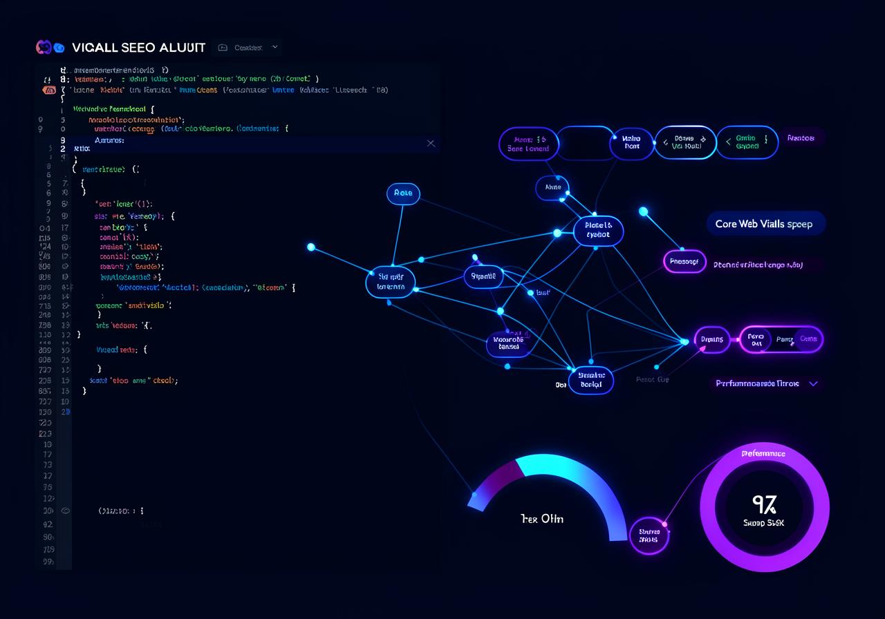Technical SEO audit with crawl diagram and Core Web Vitals scores