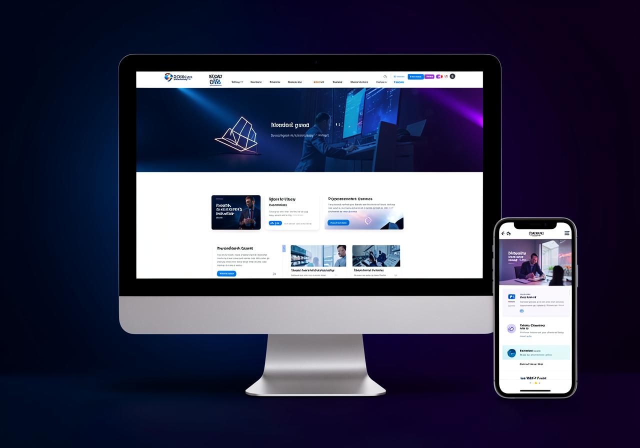 Website design mockups on desktop and mobile screens